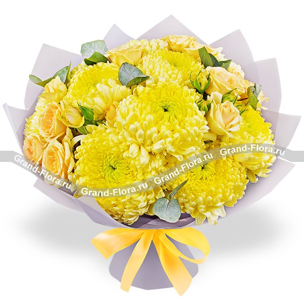 Имбирный чай - букет из желтых хризантем и роз